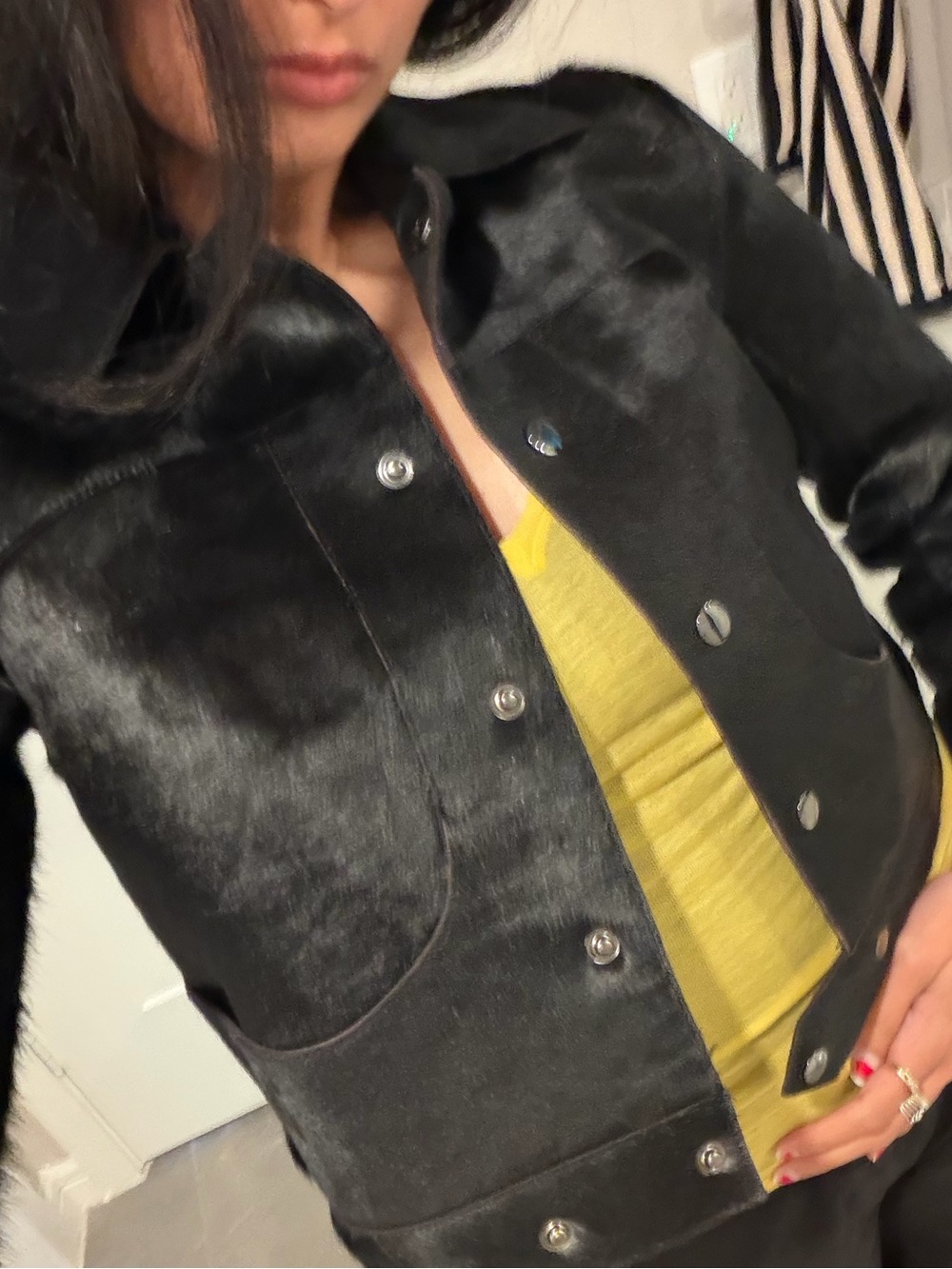 Black 100% leather fur Jacket - Women's Lightweight Button-Up Coat